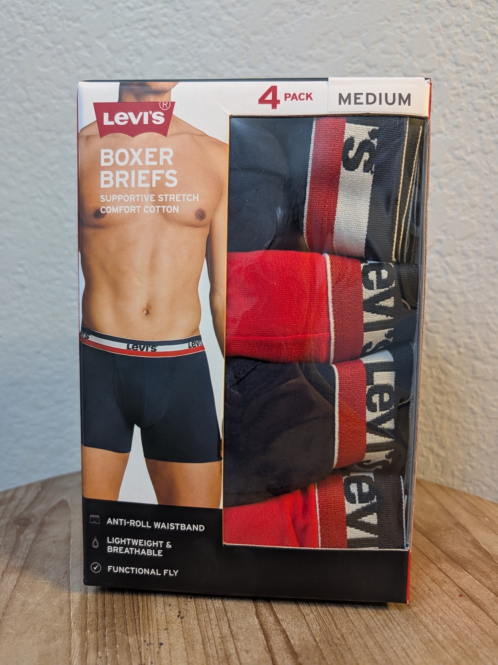 Levi's Men's Size Medium 4 Pack Dark Navy + Red Cotton Stretch Boxer Briefs
